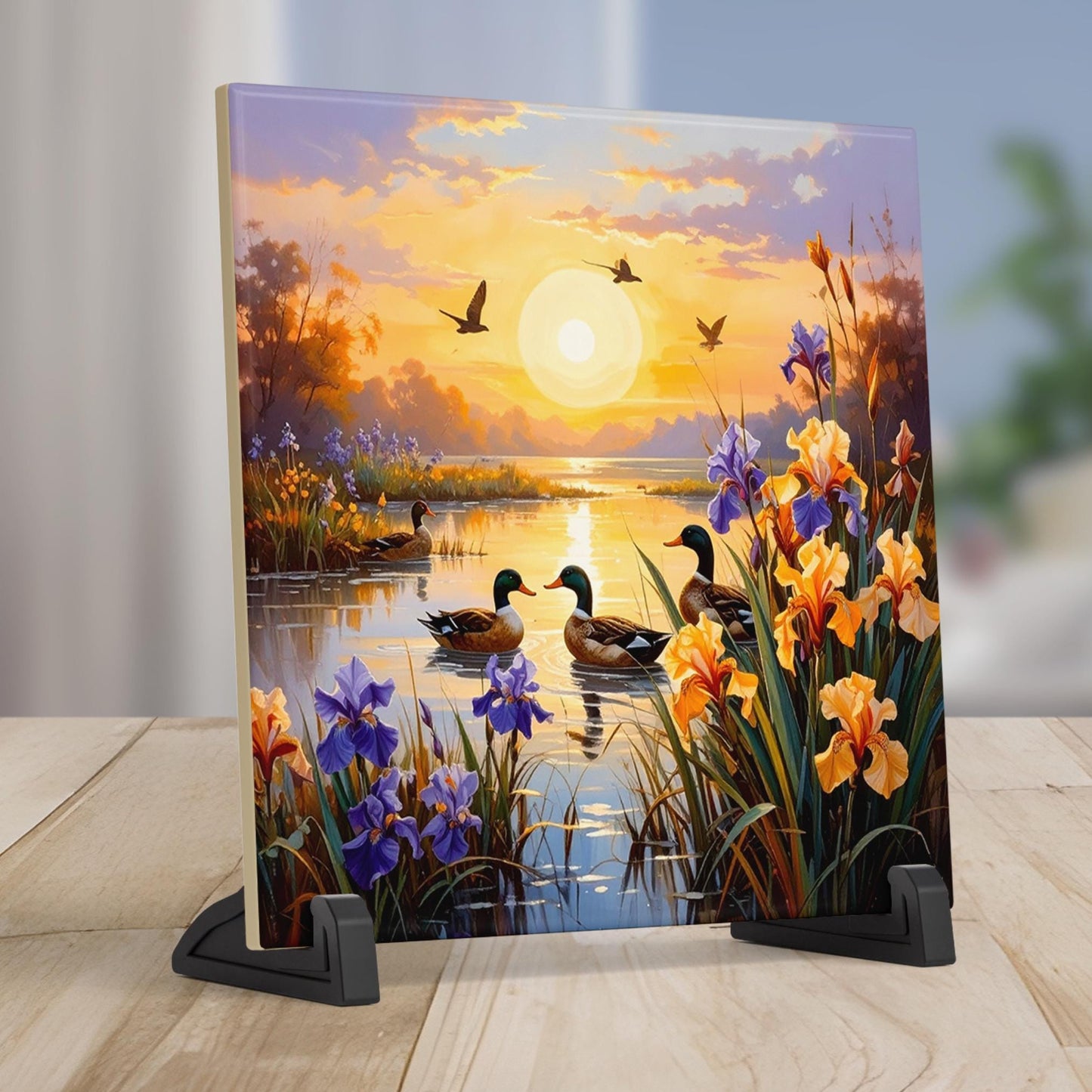 Blooming Irises Sunrise Art Tile - Vibrant Marsh Decor Featuring Ducks in Flight - Ideal for Nature Lovers - Unique Outdoorsy Gift