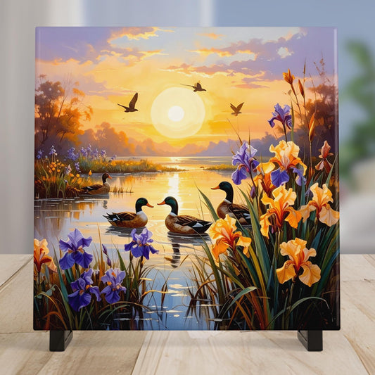 Blooming Irises Sunrise Art Tile - Vibrant Marsh Decor Featuring Ducks in Flight - Ideal for Nature Lovers - Unique Outdoorsy Gift