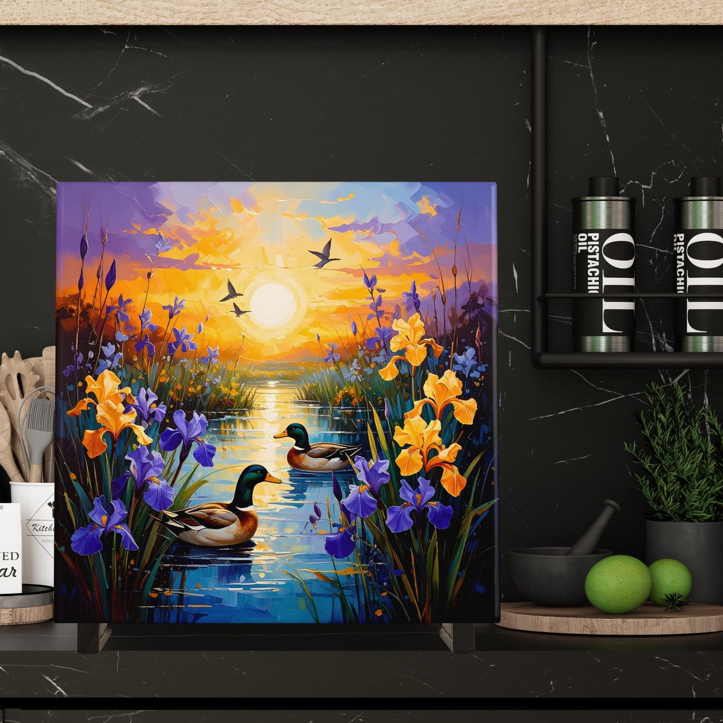 Blooming Irises Sunrise Art Tile II - Vibrant Marsh Decor Featuring Ducks in Flight - Ideal for Nature Lovers - Unique Outdoorsy Gift