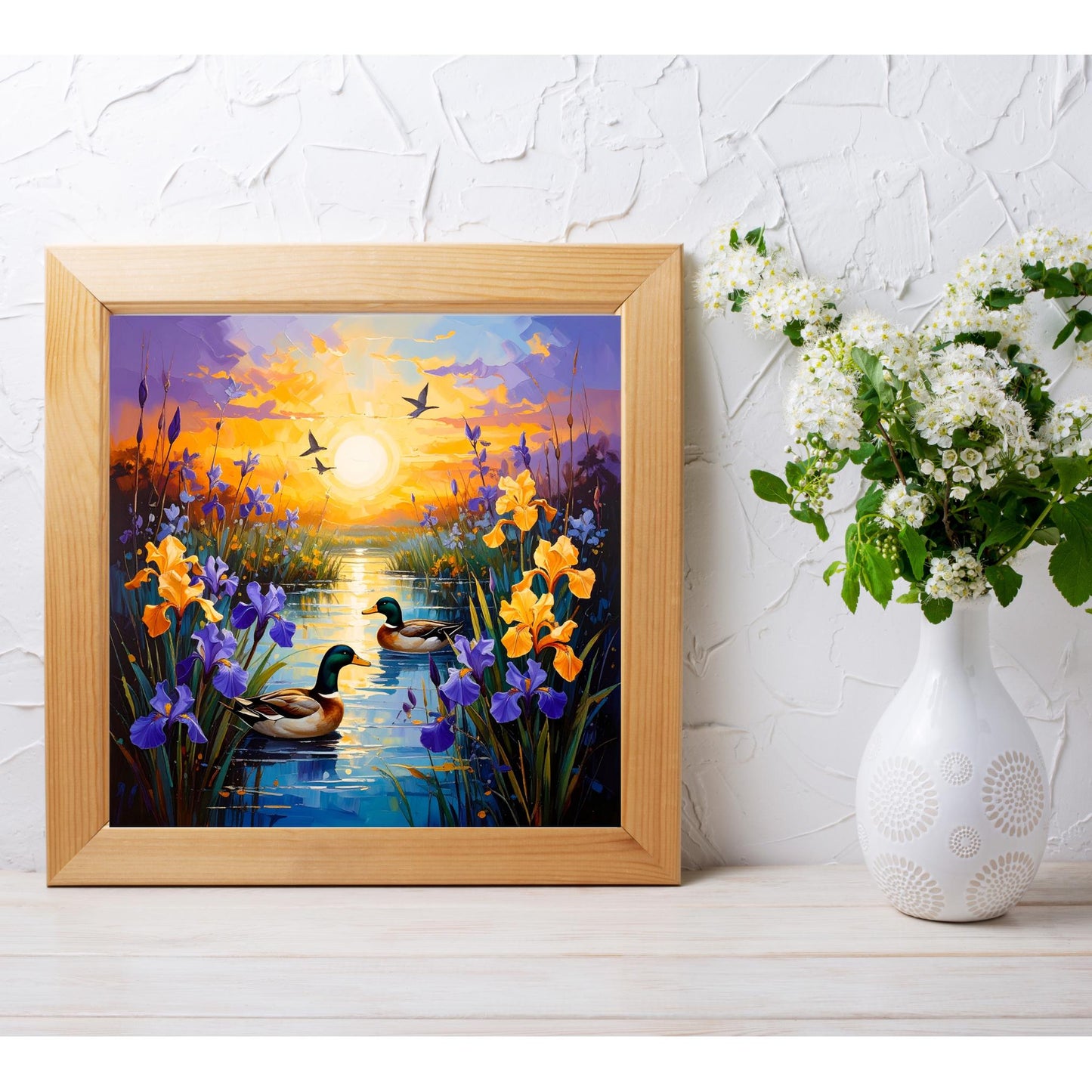 Blooming Irises Sunrise Art Tile II - Vibrant Marsh Decor Featuring Ducks in Flight - Ideal for Nature Lovers - Unique Outdoorsy Gift