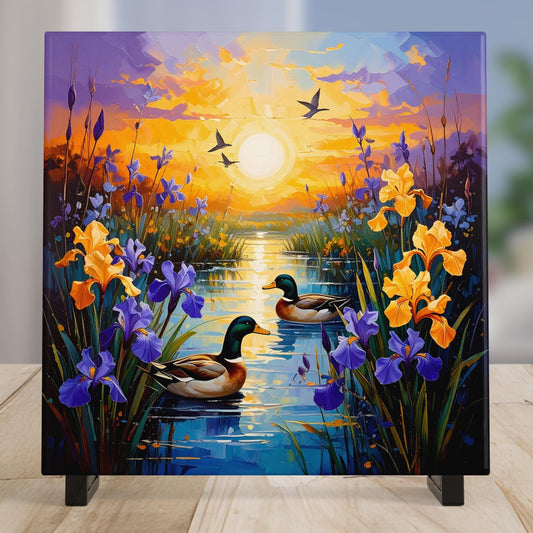 Blooming Irises Sunrise Art Tile II - Vibrant Marsh Decor Featuring Ducks in Flight - Ideal for Nature Lovers - Unique Outdoorsy Gift