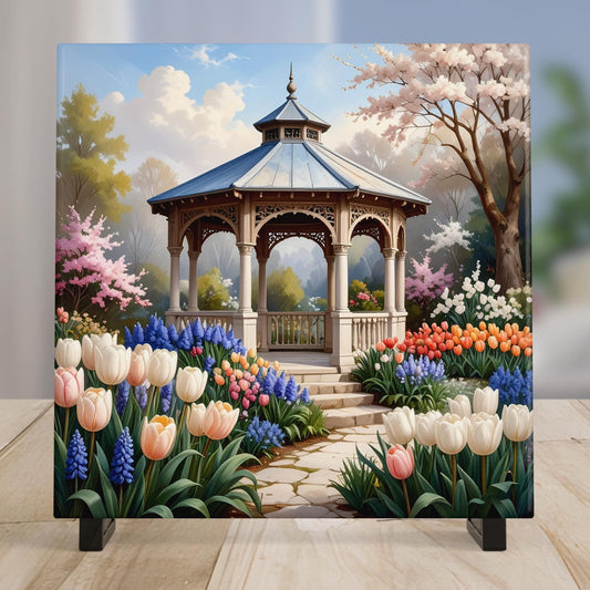Garden Gazebo Ceramic Art Tile - Serene Floral Decor with Tulips and Hyacinths - Perfect for Nature Lovers Gift