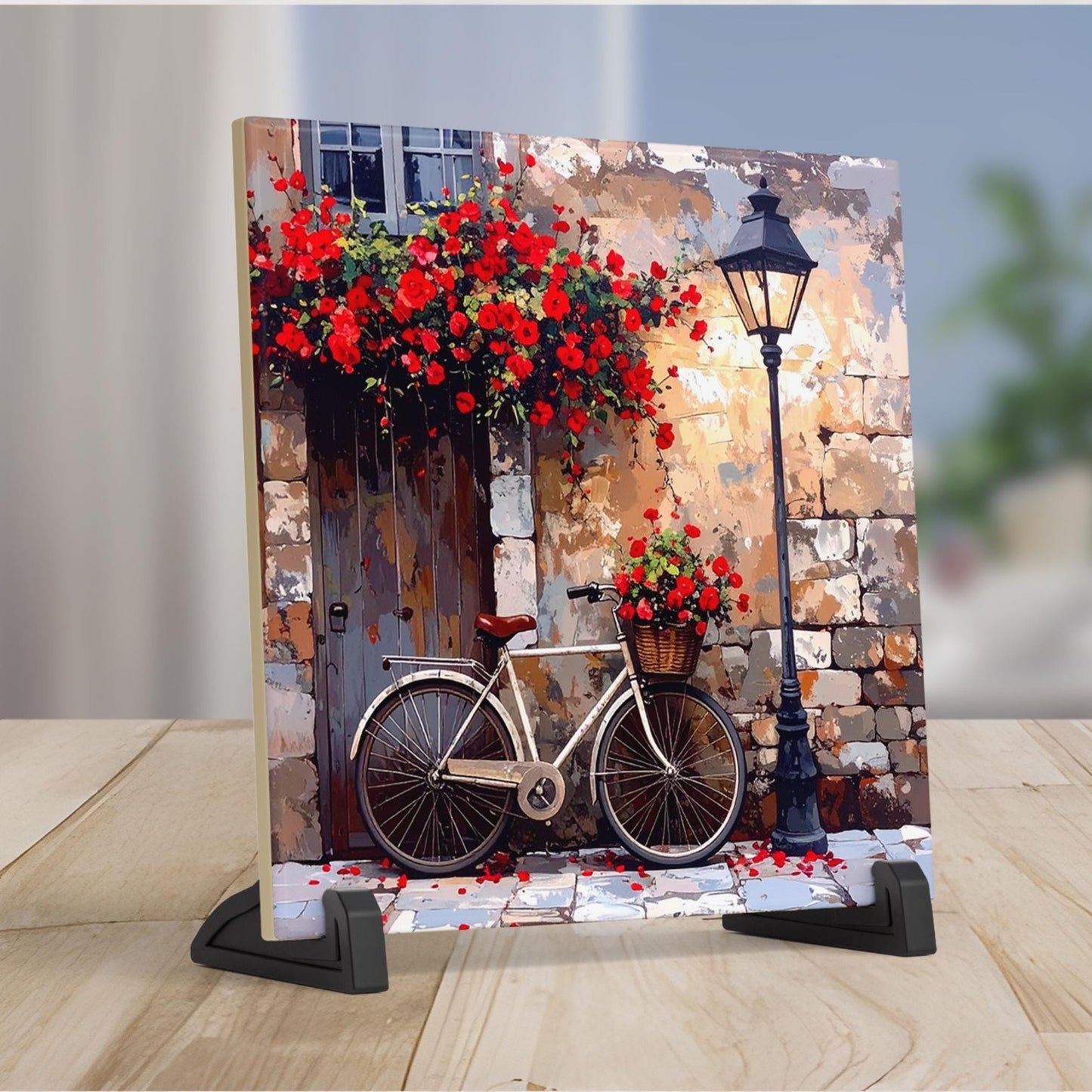 Rustic Bicycle Ceramic Art Tile - Charming Village Design with Bright Flowers - Unique Wall Decor - Great Gift for Cyclists