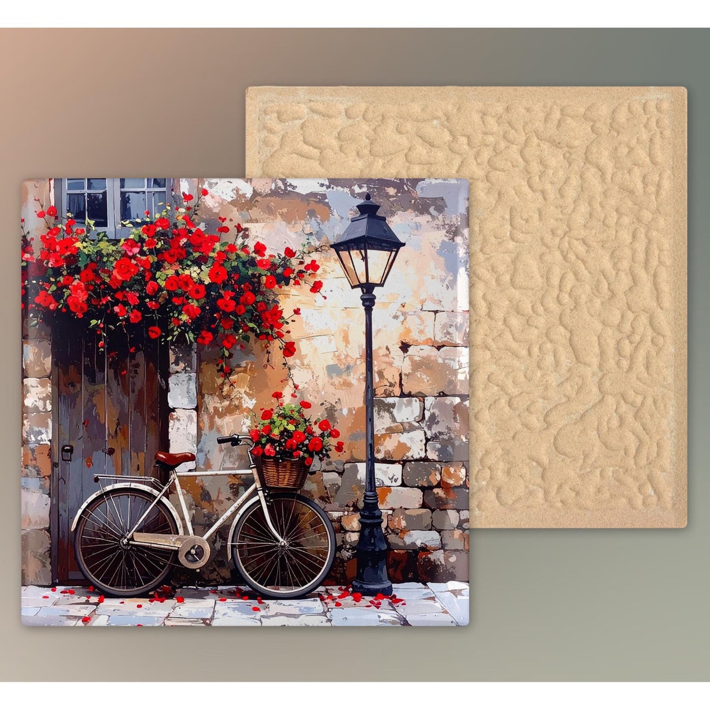 Rustic Bicycle Ceramic Art Tile - Charming Village Design with Bright Flowers - Unique Wall Decor - Great Gift for Cyclists