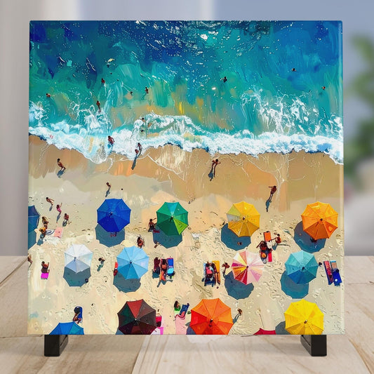 Colorful Beach Art Tile - Vibrant Aerial Scene of Summer Fun - Ideal Wall Decor for Beach Homes - Great Gift for Ocean Lovers