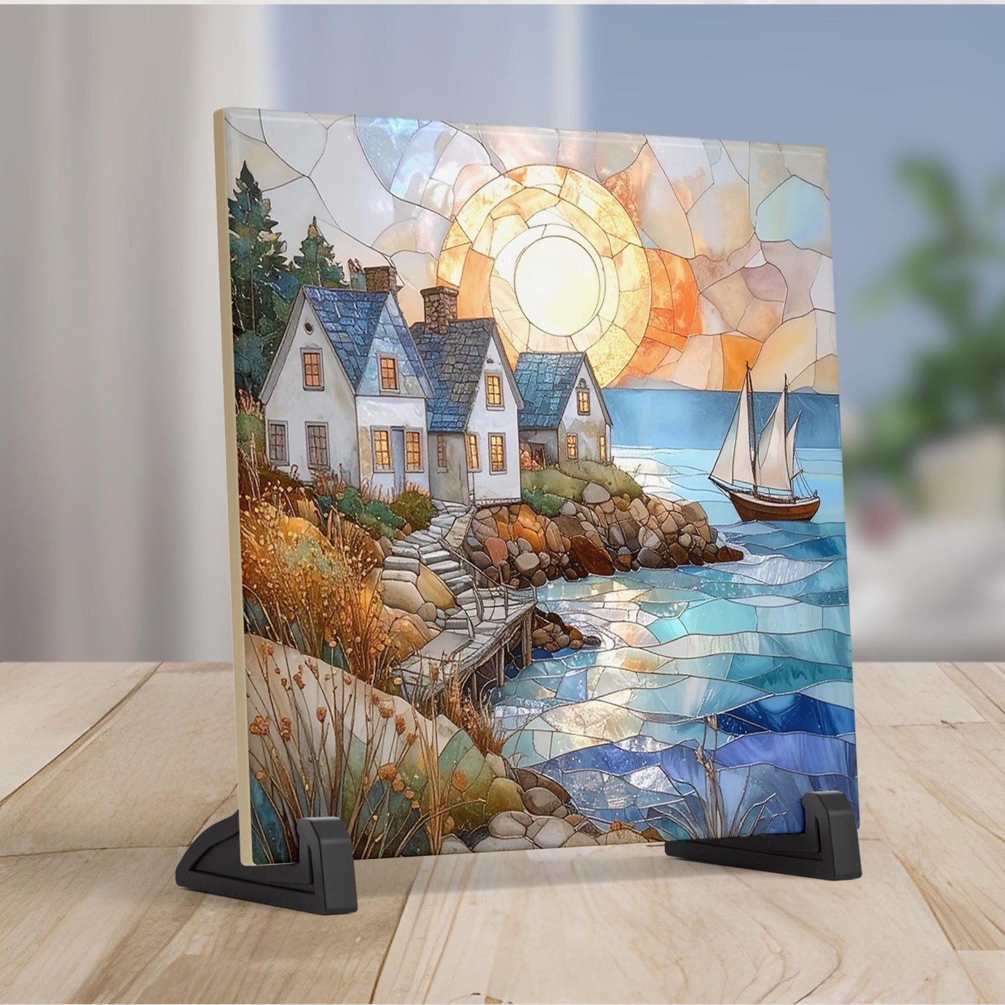 Coastal Living Ceramic Wall Art Tile, Stained Glass Look Art, Beautiful Ocean View Tile for Artful Display and Home Decor for Small Spaces
