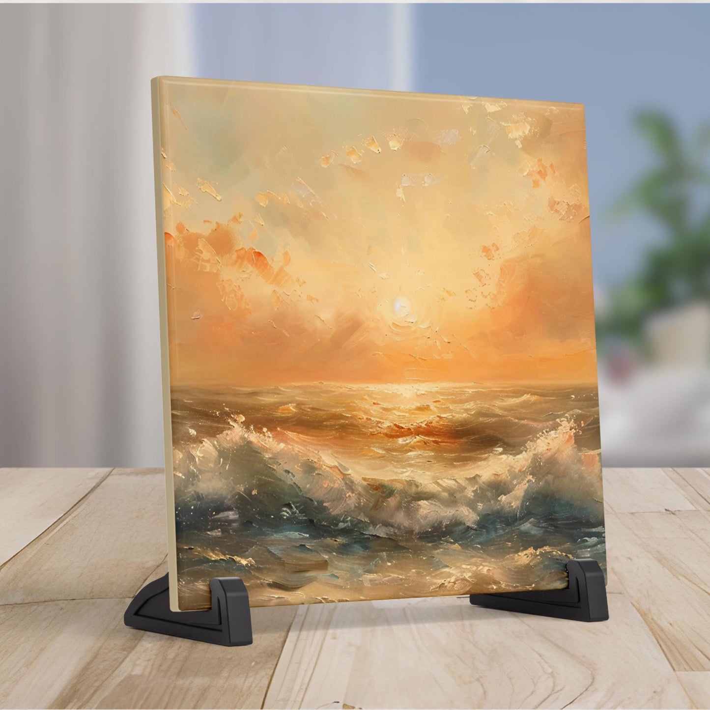 Abstract Art Ceramic Tile, Beautiful Ocean View Sunset, Artful Display and Home Decor for Small Spaces